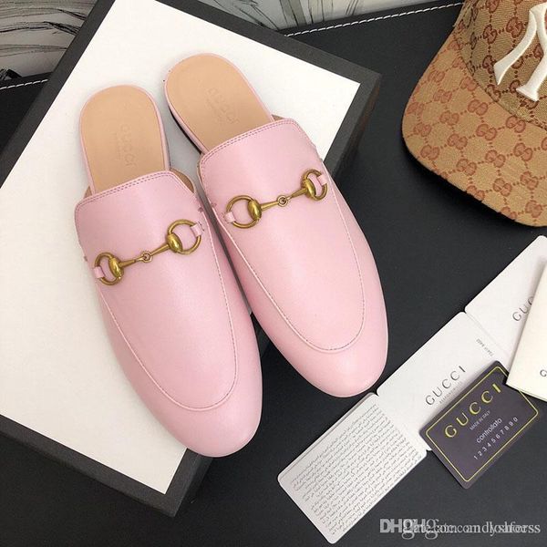 

fashion luxury ladies pink sandal classic metal buckled beach slippers soft cowhide loafer soft leather cartoon half slippers, Black