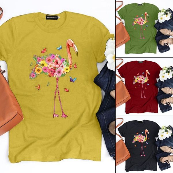

graphic flower flamingo floral tee shirt 2020 summer lady clothes t-shirt women clothes tee female t-shirt camiseta mujer, White