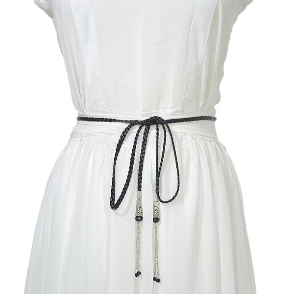 

brand bohemian rhinestone tassel braided belt for women ladies pu weave cummerbund knitted waistband cinto feminino, Black;brown