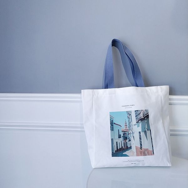 

korean version of the illustration portable canvas bag female shoulder travel city japanese small fresh green bag