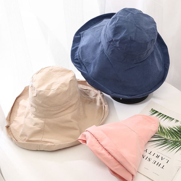 

summer foldable big brim bucket hat women solid panama hats peach skin fishing fisherman cap outdoor sun prevent basin hats, Blue;gray