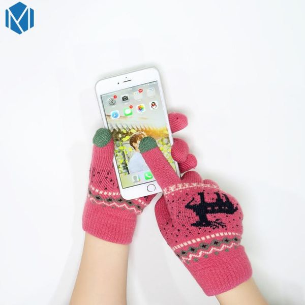 

new designed cartoon fawn gloves for women gloves girls female knitted stretch full finger mittens for girls guantes mujer, Blue;gray