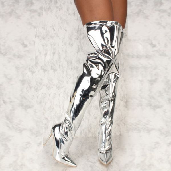 

botas mujer silver mirror thigh high boots women t show pointy toe club party shoes over the knee long boots women shoes, Black