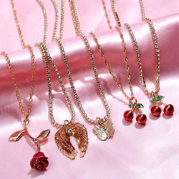 

new fashion charm cherry wing pendant necklace for women gold color crystal chain necklace statement jewelry friendship gift, Silver