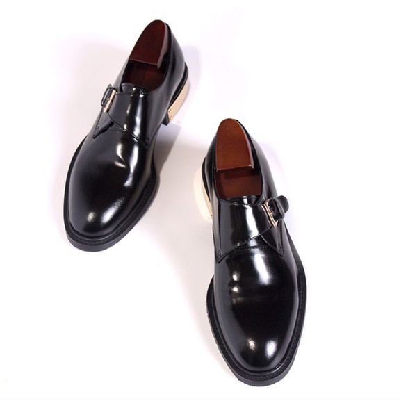 

genuine leather dress designer men solid black metal heel buckle strap office business quality wedding shoes