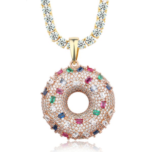 

fashion bling iced out cz doughnut pendants necklace women men's hip hop necklace gold with rope cuban tennis chain gift box, Silver
