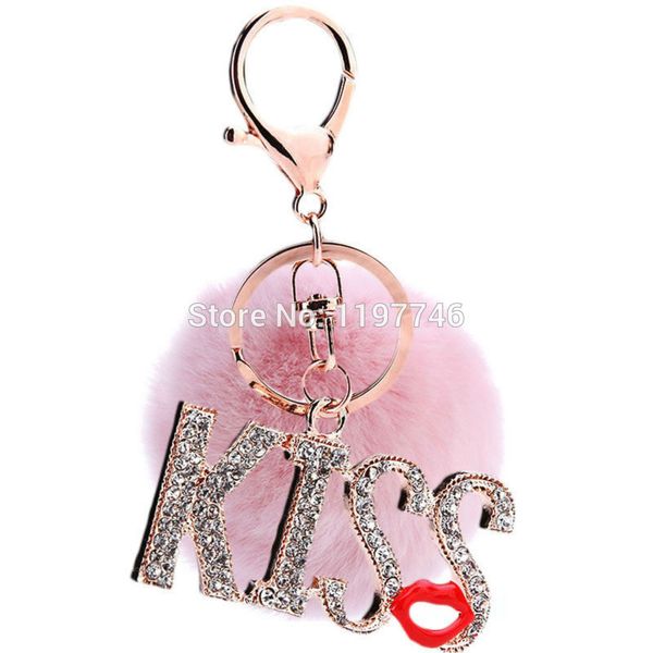 

keychains creative rhinestone keyring crystal key chain novelty gift pink fur key rings kiss charm keychain for women, Silver