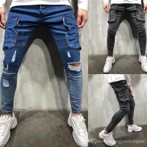 

fashion style homme clothing solid color pencil pants casual apparel mens autumn designer pockets jeans new, Blue