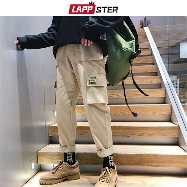 

lappster men hip hop cargo 2020 overalls mens streetwear joggers male sweat khaki korean fashions track pants, Black