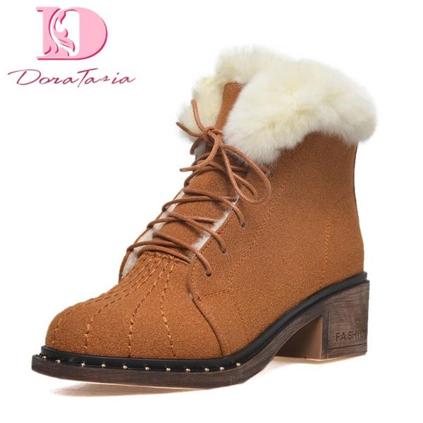 

doratasia новых больших размеров 43 квадратных каблуки держите теплый плюшевые меха зимы ботильоны ботинки женщина коровы замши снега сапоги, Black