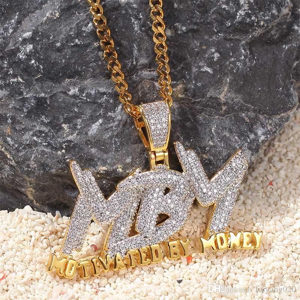 

custom letter motivated by money pendant with cuba chain gold silver color bling cubic zircon men's hip hop necklace jewelry for gift