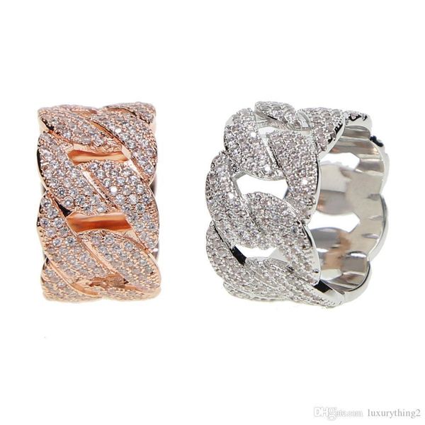 

us size 9,10 new arrive design gold filled real micro pave bling cz cuban link chain design unique hip hop bling mens ring, Silver