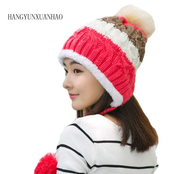 

hangyunxuanhao new wool beanies women fur pom poms fashion knitted hat girls female beanie cap pompom winter hats for women, Blue;gray