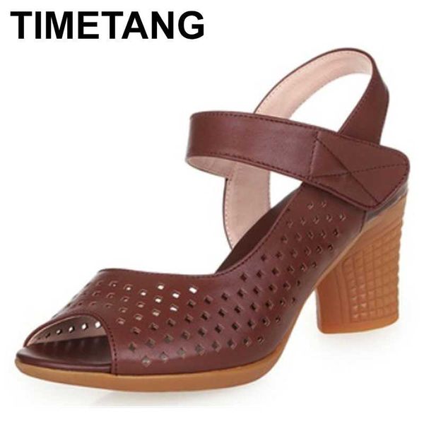 

timetang new summer hollow genuine leather shoes woman sandals fashionable leisure shoes women elegant comfort high heel, Black