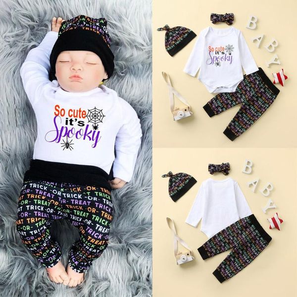 

newborn infant baby boy girl set 4pcs baby halloween costume letter cotton romper pants hat headbands outfit children's sets, White