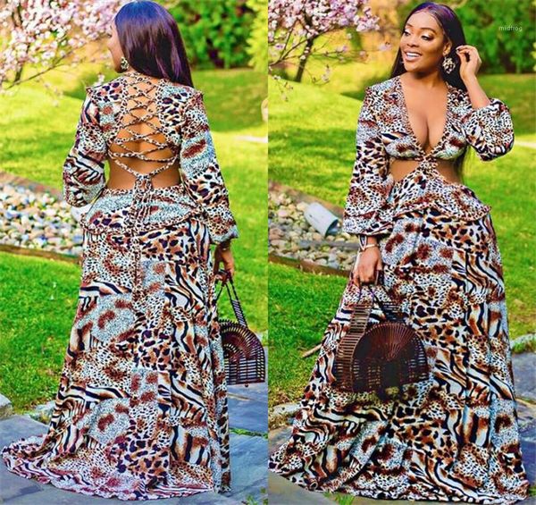 

dresses long sleeve backless with belt womens designer dresses party casual deep v neck dresses summer leopard long maxi, Black;gray