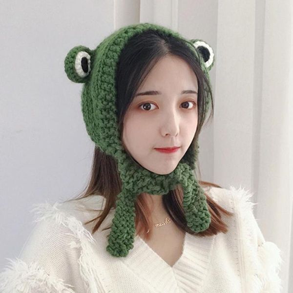 

girl frog winter fashion cute girl frog eyes solid color knitted ear cover earmuff cap sweet and lovely warm wool cap female, Blue;gray