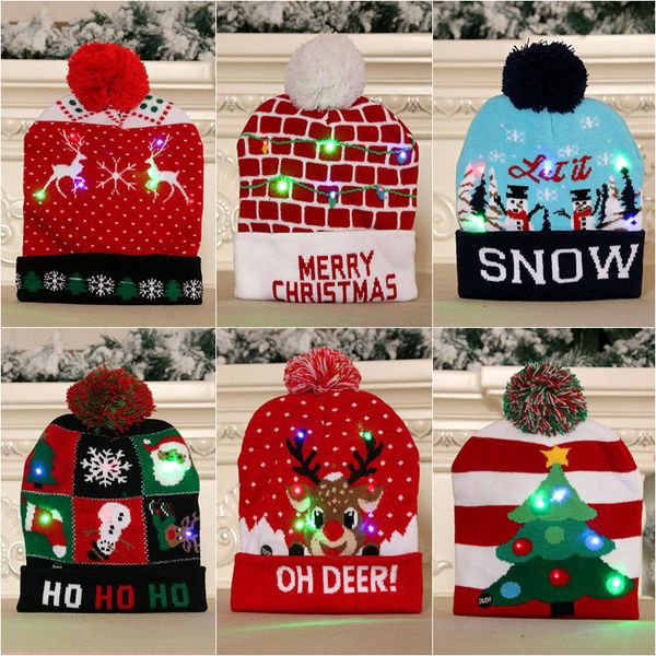 

led light christmas hats knitted pom pom light xmas beanies crochet winter hats deer elk kids skull cap christmas home decoration