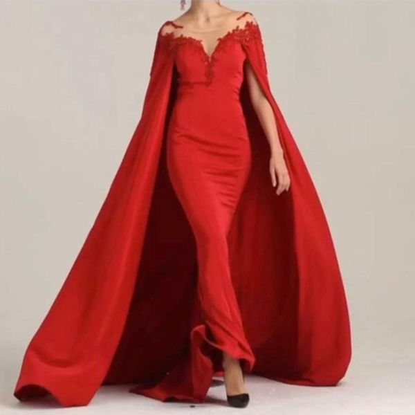 Plus Size Neue Mode Günstige Einfache Rote Abendkleider mit Cape Dubai Arabisch Sheer Neck Formelle Kleidung Abendgarderobe Vestidos robes de soir￩e