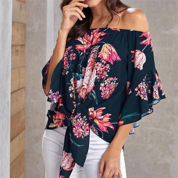 

women's t-shirt lusofie slash neck t shirt flowers loose cold-shoulder tshirt women knot tee half sleeve shirts lady, White