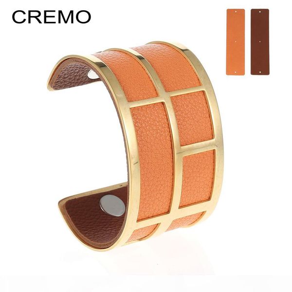 

cremo charm fashion cuff bangle bijoux femme 40mm stainless steel bracelets gold interchangeable reversible leather band jewelry, Black