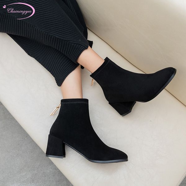 

nightclub style round toe flock ankle boot fashion crystal zipper black apricot high-heeled chunky riding boots women's shoes