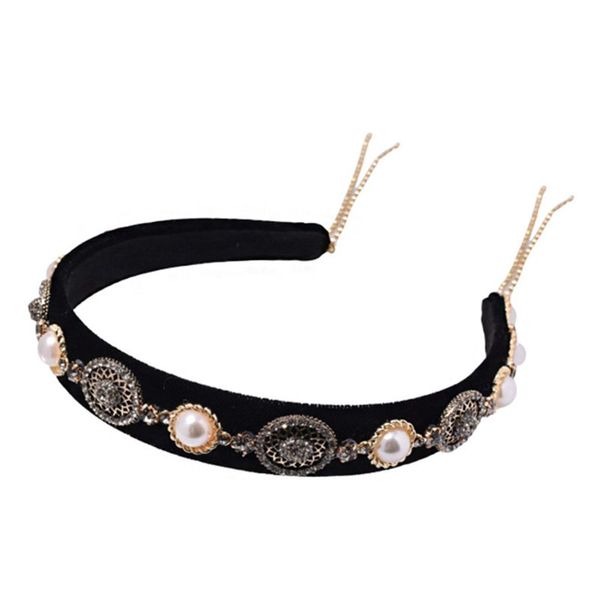 

baroque rhinestone faux pearl headband handmade velvet wide hair hoop headwear accessories for women girls jewelry, Golden;silver