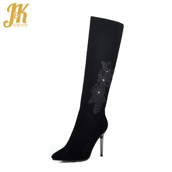

jk pointed toe stiletto heel high shoes flower women knee boots fashion casual female long boots zip simple shoes winter, Black