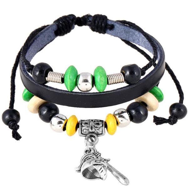 

fashion punk men multilayer black leather bracelet alloy soldier sword beads charm vintage bangle wrap wristbands hiphop jewelry