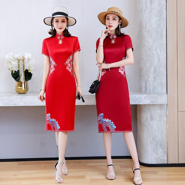 

ethnic clothing chinese classic short sleeve rayon slim dress female 2021 cheongsam plus size print flower qipao -4xl, Red