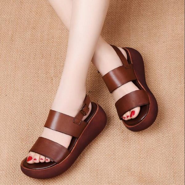 

fashion handmade women's sandals 2020 summer genuine leather platform sandal thick sole high heels ladies sandal, Black