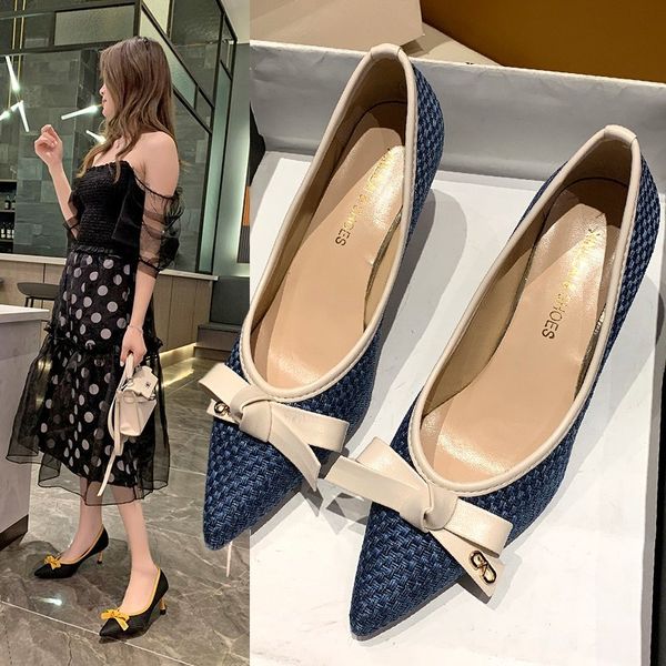 

dress shoes high heels women's 2021 spring and summer all-match stiletto single bowknot shallow pointed toe x440, Black