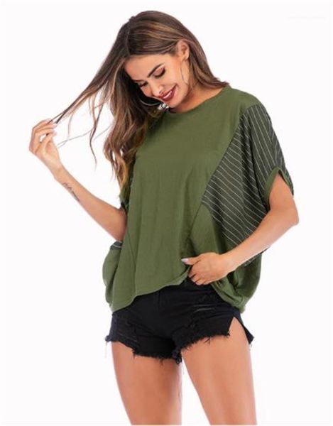 

ladies fashion panelled batwing sleeve tees womens crew neck clothes summer womens loose stripe t shirt, White