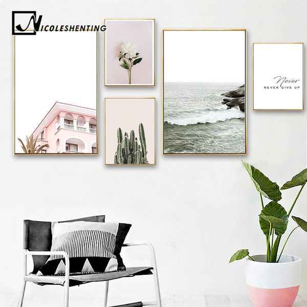 

nordic landscape pink wall art print architectural ocean waves canvas poster minimalist painting scandinavian decoration picture