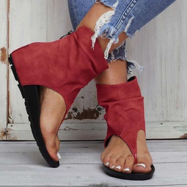 

new clip toe roman low heel herringbone sandals comfortable and versatile solid color back zipper high tube women's shoes promot, Black