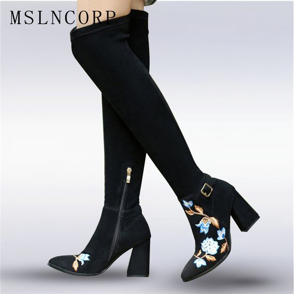 

plus size 34-43 new genuine leather women flower boots high heel long boots embroidered over knee high ethnic style snow, Black