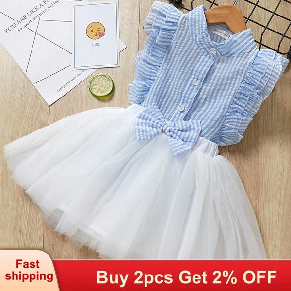 

girls dress 2020 summer style girls clothing sets striped sleeve kids clothes striped t-shirt+bow short skirt 2pcs clothes suits, White