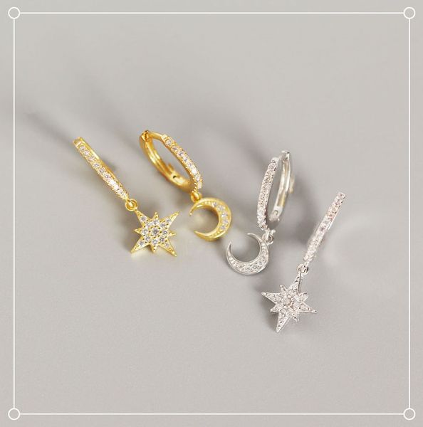 

Junerain INS Style 925 Sterling Silver Charming Geometric Minimalist Zircon Hoop Earrings Moon/Shell/Eye of Devil Gold Round Earrings