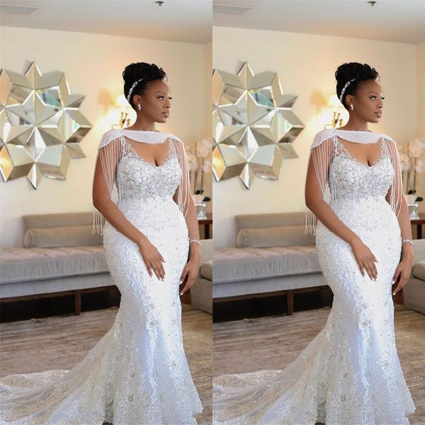 

new african wedding dresses bridals gowns mermaid wedding dresses vintage v neck spaghetti straps lace crystal beads with wrap wedding dress, White