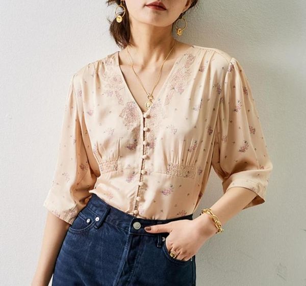 

vintage satin shirt floral print v-neck half sleeve short shirt 2020 new, White