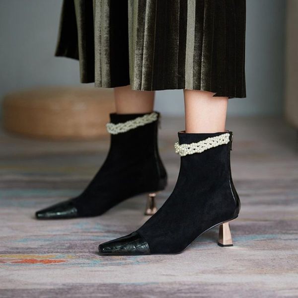 

womens pointy toe pearls ankle boots strange heel shoes stretchy stitching real leather spring&winter styles, Black