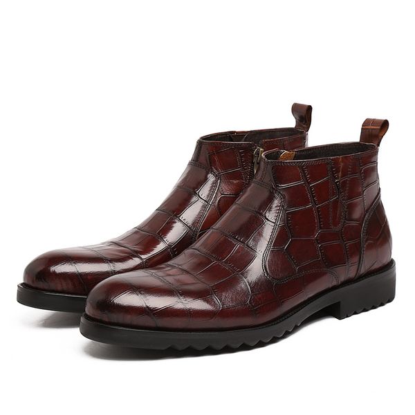 

men leather boots round toe formal wear black brown work shoes crocodile pattern leather boots pointed toe ankle genuine