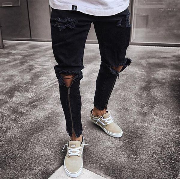 

jeans fashion skinny zipper panelled mens pencil pants casual zipper fly males clothing hole mens designer, Blue