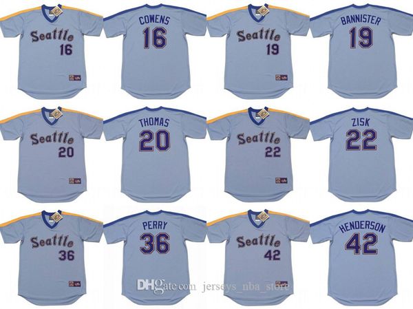 

seattle 16 al cowens 19 floyd bannister 20 gorman thomas 22 richie zisk 36 gaylord perry 42 dave henderson baseball jersey, Blue;black