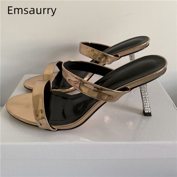 

crystal diamond thin high heel party shoes woman gold patent leather narrow band open toe runway slippers women, Black
