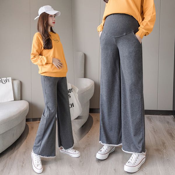 

pregnant women's stomach lift trousers autumn and winter new wear loose wide leg pants trousers, White