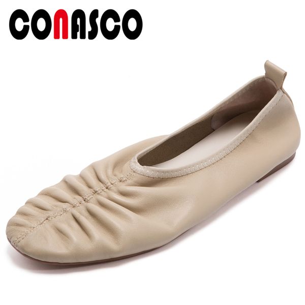 

conasco genuine leather women flats shoes spring summer elegant concise casual comfortable round toe pleated flats shoes woman, Black