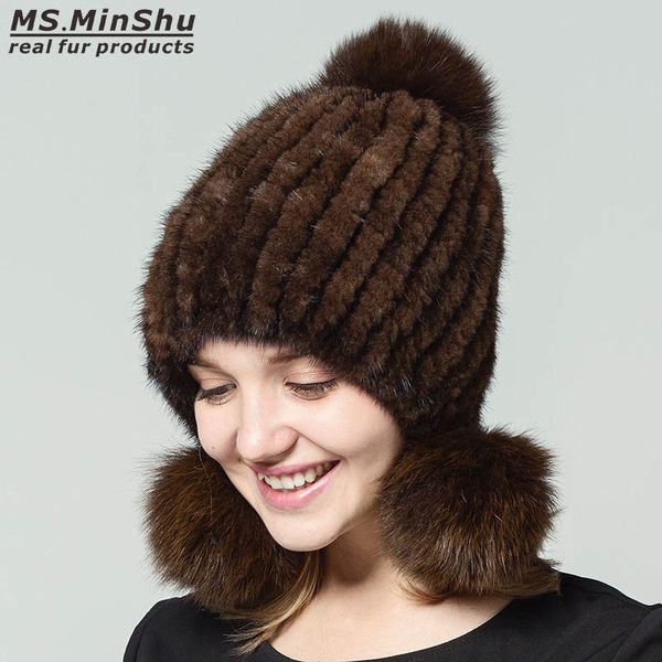 

ms.minshu genuine hat women winter fur hat with 3 balls real fur cap fashion ladys bobble beanies balls, Blue;gray