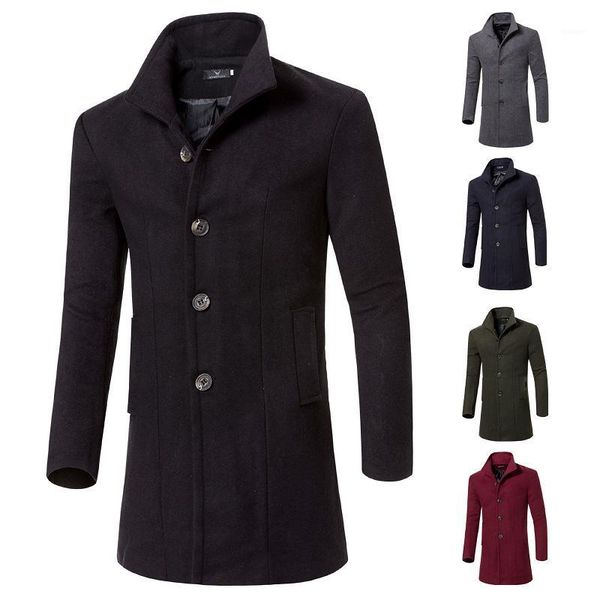

coat mens slim fit wool blends winter single breasted long trench coats warm, Black