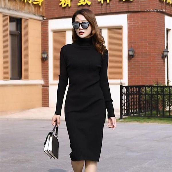 

designer knit long sleeve casual dresses women ol solid clothes womens turtleneck slim dress woman autumn, Black;gray